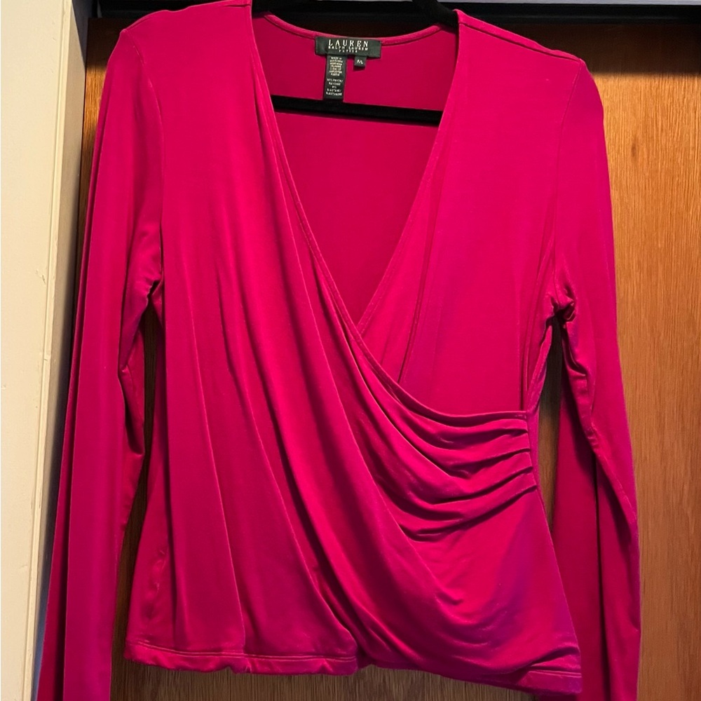 Lauren RL Petite Fuchsia Pink Faux Wrap Top P/L